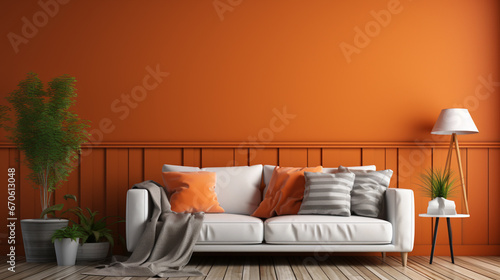 simple Orange living room and orange wall background light grey sofa. generative ai photo