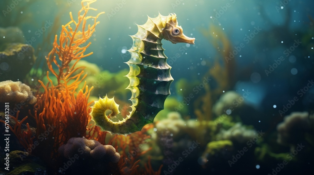 Single seahorse clinging to a piece of seaweed, sunrays casting a radiant glow around it. - obrazy, fototapety, plakaty 