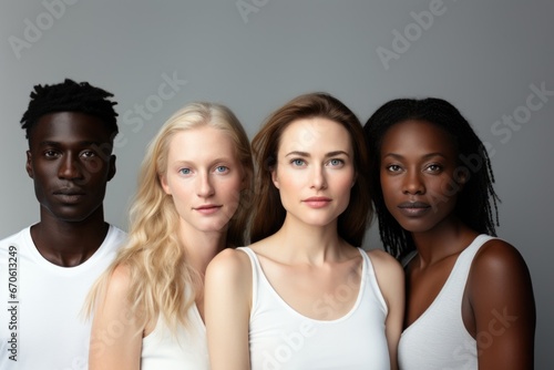 A serious group of friends looking at camera in indoor studio.