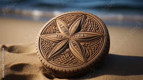 Single sand dollar, its intricate design captured in high detail against the smooth sand.