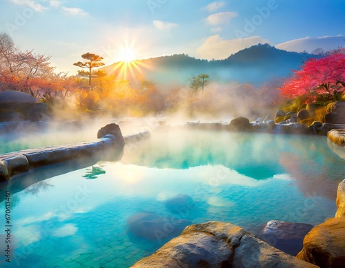朝日が見える日本の温泉 photo