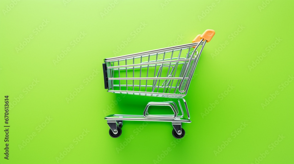 shopping cart blank space background. empty shopping cart on green background. generative ai
