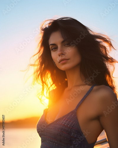 Beautiful Brunette Woman on Beach at Sunset