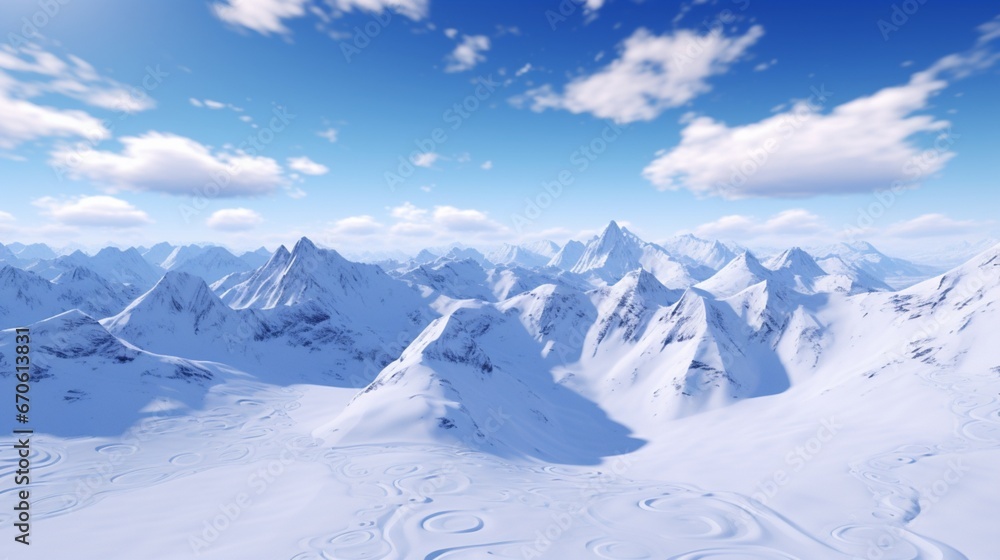 Snowy mountain peaks with a heart formation on one side, caused by the wind patterns, under a clear blue sky.