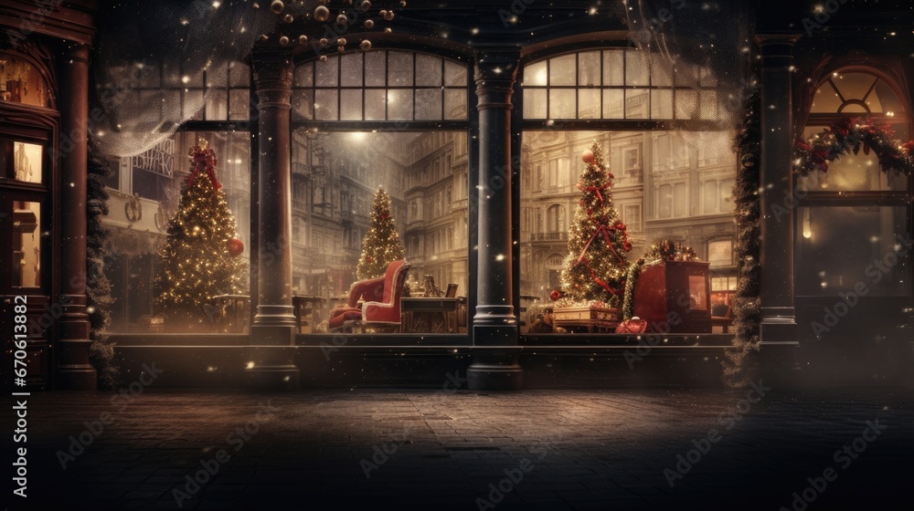 Classic Christmas display with glistening tree, cozy armchair, and city view backdrop. Holiday shopping ambiance.