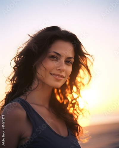 Beautiful Brunette Woman on Beach at Sunset