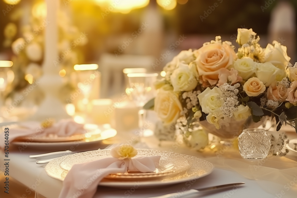 Glasses and plates for a romantic dinner, festive atmosphere with flowers and candles. Decor in Provence style for the holiday in soft colors. Table setting for a wedding. Glasses and plates for a romantic dinner, festive atmosphere with flowers and candles. Decor in Provence style for the holiday in soft colors. Table setting for a wedding.