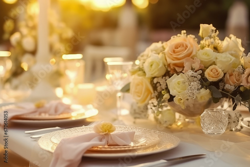 Glasses and plates for a romantic dinner, festive atmosphere with flowers and candles. Decor in Provence style for the holiday in soft colors. Table setting for a wedding.