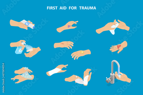 3D Isometric Flat Vector Illustration of First Aid For Trauma, Emergency Help