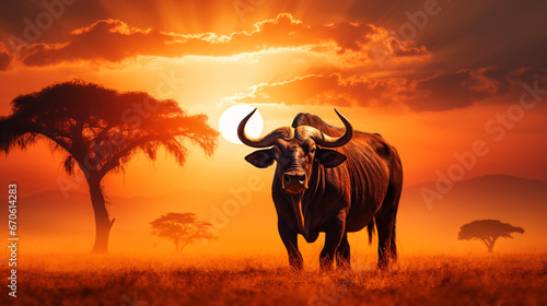 Bull at Beautiful Orange Sunset  Reflecting the Wild Nature of the Africa  Ideal for Nature-themed Designs and Artistic Displays