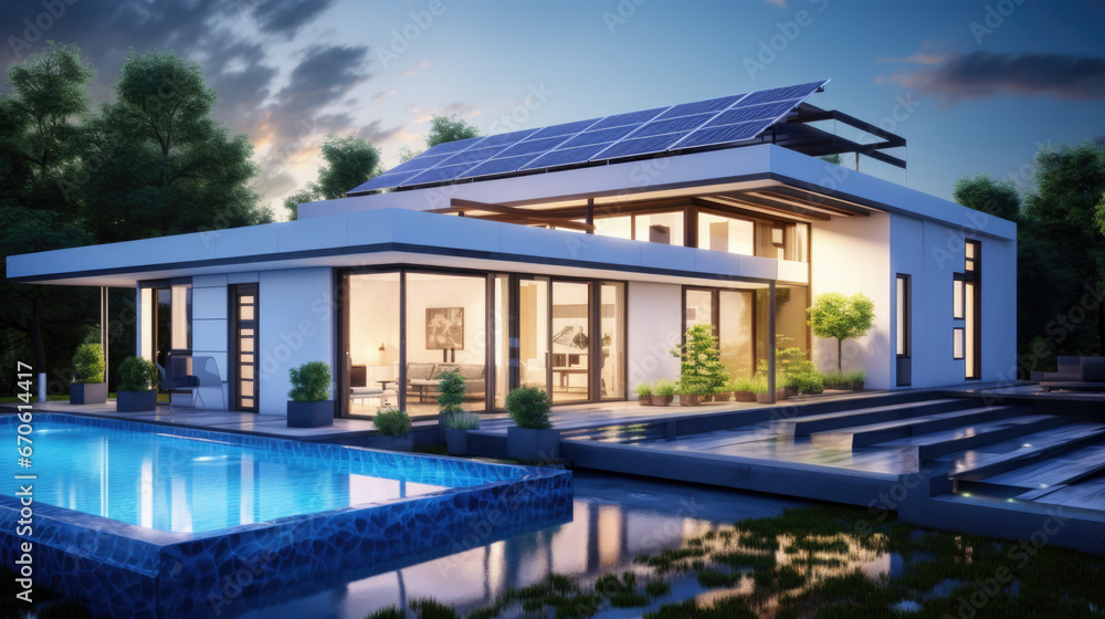 Modern energy-efficient house with solar panels on the roof.