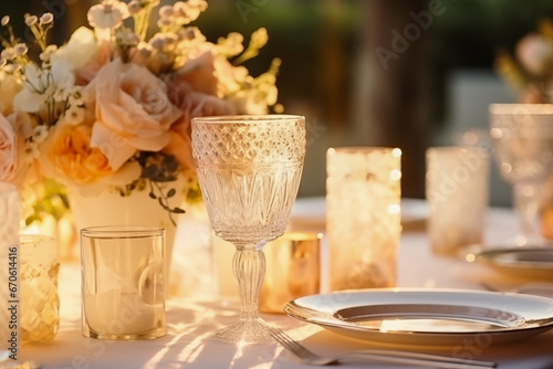 Glasses and plates for a romantic dinner, festive atmosphere with flowers and candles. Decor in Provence style for the holiday in soft colors. Table setting for a wedding.