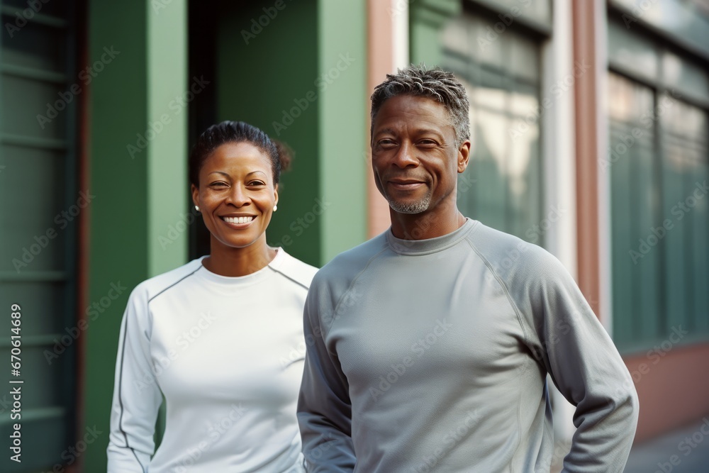 Mature African American couple in sports outfits looking at camera with energetic cheerful smile. Happy loving man and woman jogging or exercising outdoors. Healthy lifestyle in urban environment. Mature African American couple in sports outfits looking at camera with energetic cheerful smile. Happy loving man and woman jogging or exercising outdoors. Healthy lifestyle in urban environment.