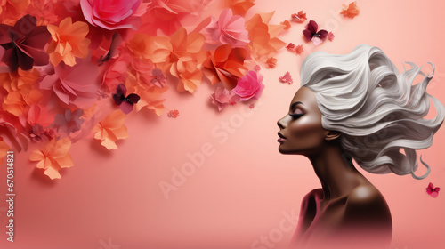 Woman banner surrounded flowers, Afro-American, silver hair, copy space on pastel background, 8 march, cosmetics advertising, eyelashes, international women's day, celebrate, beauty, pride © ArtStockVault