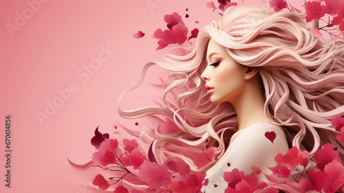 Woman banner surrounded flowers, blondie hair, copy space on pastel background, 8 march, cosmetics advertising, eyelashes, international women's day, celebrate, beauty, pride