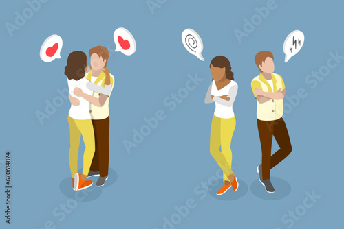 3D Isometric Flat Vector Set of Man and Woman Couple, Conflict and Love