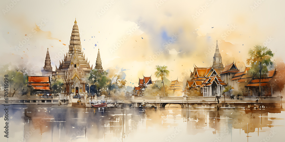 Fototapeta premium Watercolor and line drawings of temples and pagodas along the river
