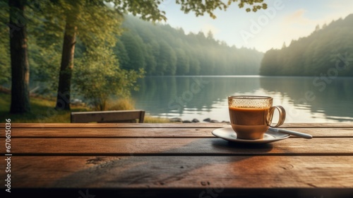 Mug with hot liquid on wooden surface, by tranquil lake surrounded by autumn trees, golden sky reflection. Nature's beauty during fall season.