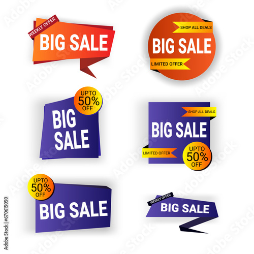 sale label set, big sale tag collection, special offer, vector sales tag collection, modern orange, purple, isolated white background, business purpose