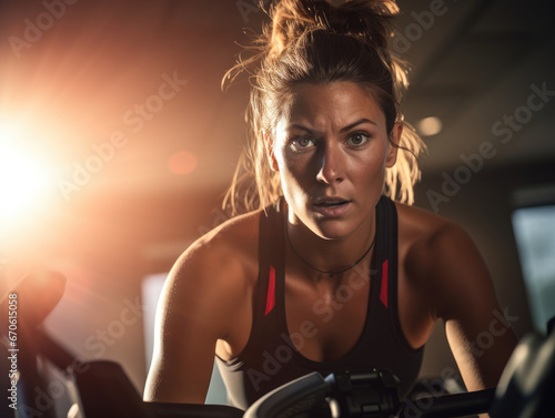 A close-up portrait captures a woman as she engages in cardio exercise on an exercise bike, demonstrating her commitment to health and wellbeing.