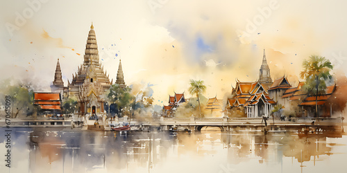 Watercolor and line drawings of temples and pagodas along the river