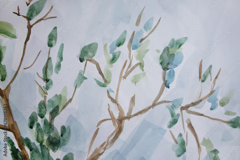 Obraz premium Floral artistic background. Branches with green leaves painting. Laconic watercolor with space for text. Naturalness and organic concept.