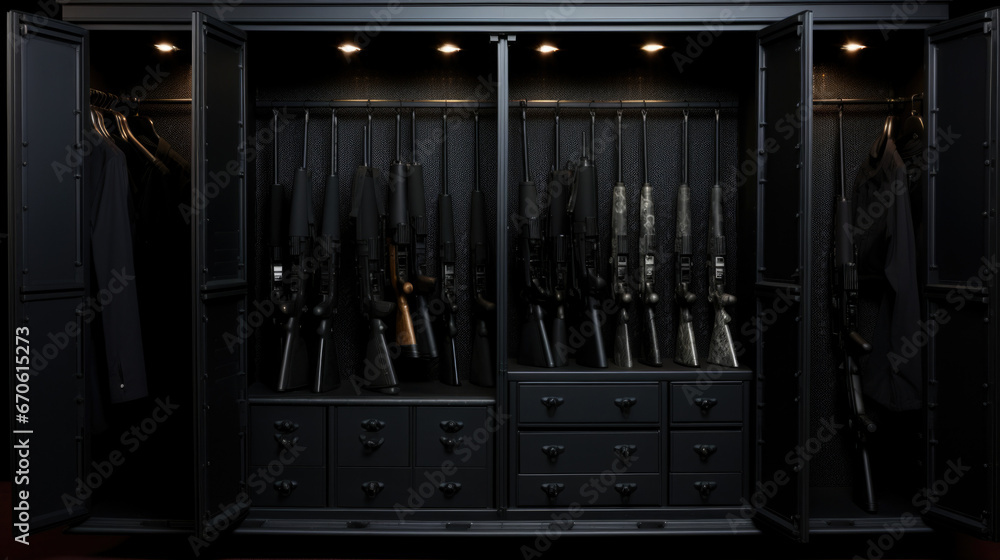 Safe for firearms. The inside of a gun Safe storage of rifles