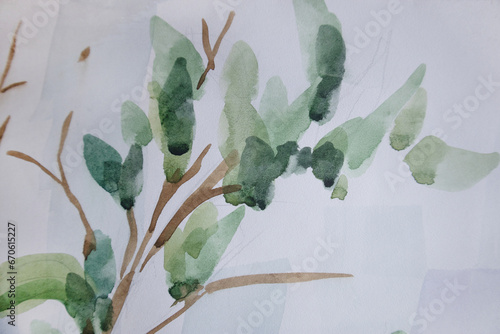 Abstract laconic branches with green leaves. Painting with space for text. Floral watercolor background. Organic concept.