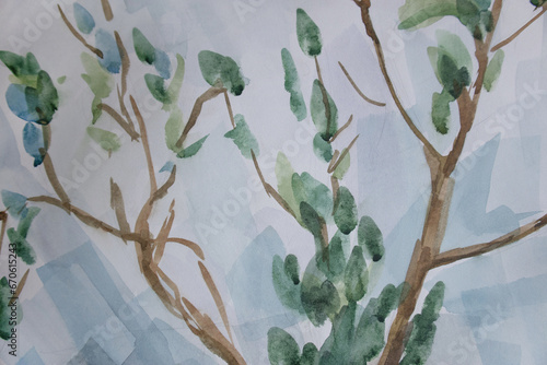 Branches with green leaves. Laconic watercolor painting. Floral illustration.
