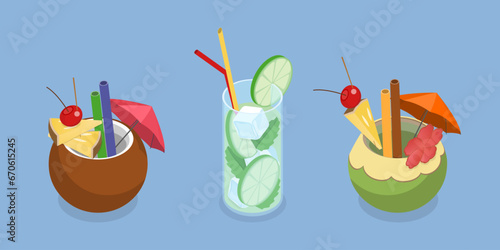 3D Isometric Flat Vector Set of Fresh Cocktails, Summer Beach Party Drinks