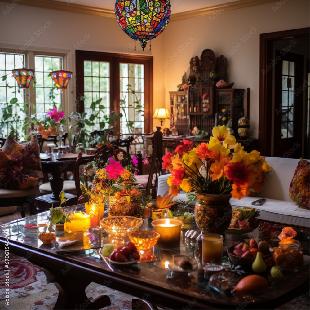 a large beautiful living room decorated with flowers, an Indian family is getting ready for Diwali, On the dining table an ice cream tub is kept, the View is from the entrance door.