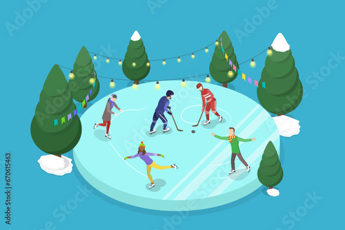 3D Isometric Flat Vector Illustration of Family Skating And Playing Hockey, Winter Sport Activities