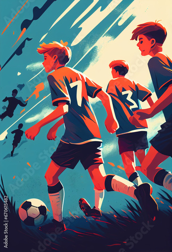 A group of teenage kids play soccer in animated style. AI Generated