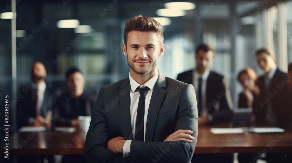 In this professional setting, a successful businessman occupies a boardroom seat while his team stands in the background, highlighting his leadership and teamwork. In this professional setting, a successful businessman occupies a boardroom seat while his team stands in the background, highlighting his leadership and teamwork.