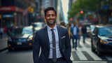 A smiling Asian Indian businessman in a sharp suit walks along a busy city street during his office commute, with the blurred, bustling street as the backdrop.