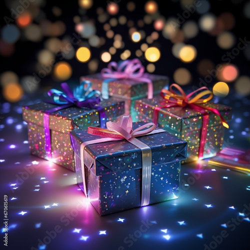 Multiple glittering giftboxes in elegent style with dark background and warm light bohkeh and star on the floor © NiponTK