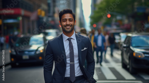 A smiling Asian Indian businessman in a sharp suit walks along a busy city street during his office commute, with the blurred, bustling street as the backdrop. © Mosaic Media