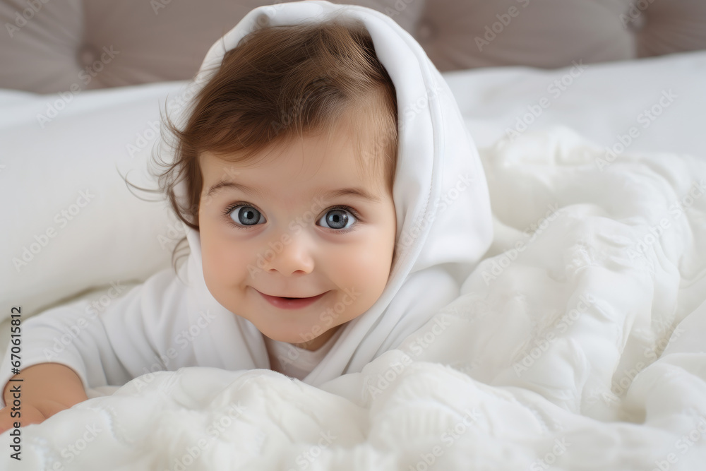 Adorable Smiling Baby on Bed with White Blanket Adorable Smiling Baby on Bed with White Blanket