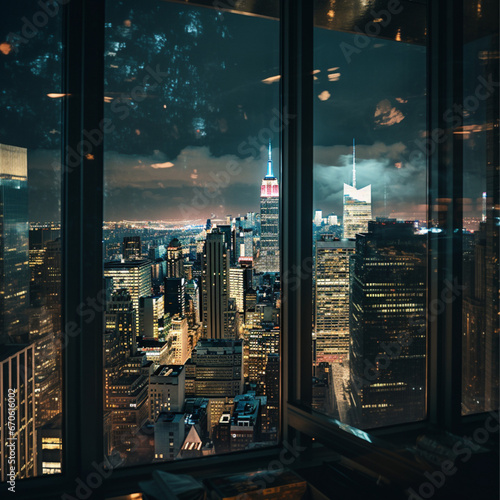 City lights from a skyscraper window