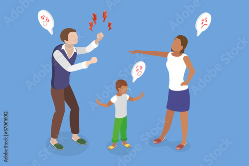 3D Isometric Flat Vector Illustration of Conflict And Fight In Family, Angry Parents