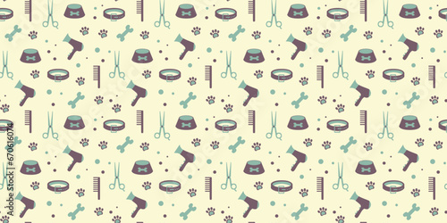 Colorful background for grooming salon and pet shop, t-shirt, web page, fabrics. Seamless pattern paw, bone, scissors, bowl, collar, hair dryer.