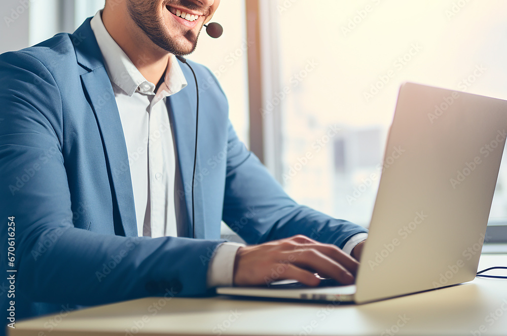 Customer service, happy and communication of man at call center pc talking with joyful smile. Consultant, advice and help desk man speaking with clients online with computer headset mic. Customer service, happy and communication of man at call center pc talking with joyful smile. Consultant, advice and help desk man speaking with clients online with computer headset mic.