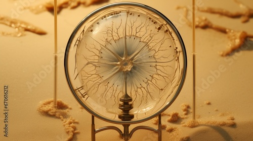 Solitary plankton specimen  its intricate form magnified  set against a sandy background.