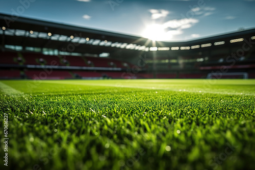 Lush Green Soccer Stadium Lawn Under the Glowing Lights: Close-Up of Vibrant Grass in the Sports Arena - Spectacular Background. created with Generative AI