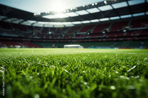 Lush Green Soccer Stadium Lawn Under the Glowing Lights: Close-Up of Vibrant Grass in the Sports Arena - Spectacular Background. created with Generative AI