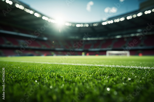 Lush Green Soccer Stadium Lawn Under the Glowing Lights: Close-Up of Vibrant Grass in the Sports Arena - Spectacular Background. created with Generative AI