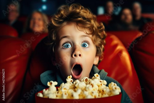 Enchanted Little Boy with Astonished and Surprised Expression Experiencing the Magic of Cinema While Watching a Movie. created with Generative AI