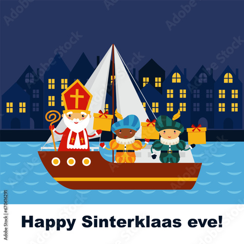 Cute greeting card with Saint Nicholas with mitre, pastoral staff and gifts. Sinterklaas and Black Peters on boat. European winter tradition. Sinterklaas with kids on steamboat