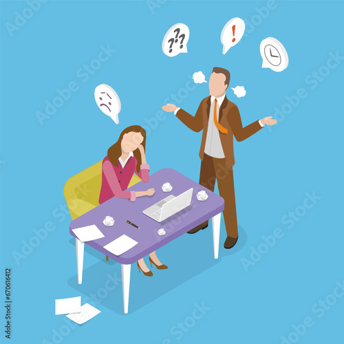 3D Isometric Flat Vector Illustration of Furious Boss, Lazy Worker at Workplace