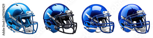 Set of modern blue football safety helmets, sports protection for the head. Isolated on a transparent background. PNG, cutout, or clipping path.
